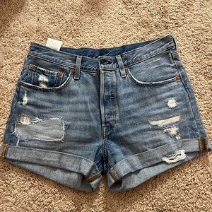 Levi 501 long distressed shorts